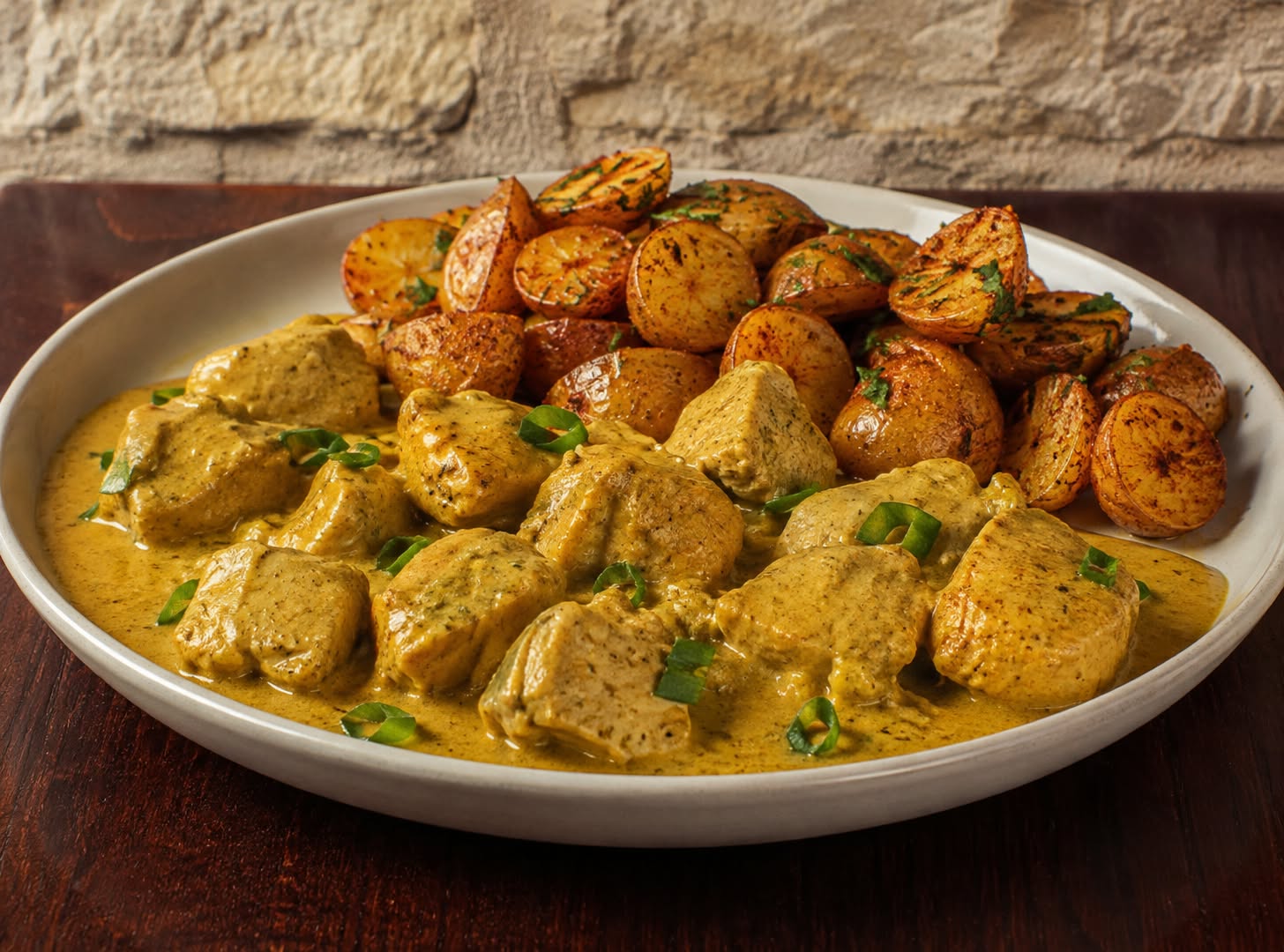 Cubos de pollo al curry con papines al pimentón